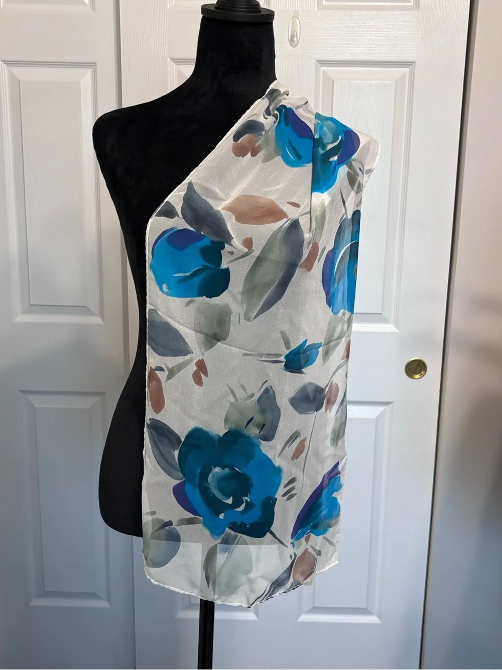 Artist Signed Watercolor Floral Sheer Chiffon Scarf Blue Gray White Oblong Wrap